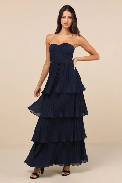 Lulus Seriously Sensational Navy Blue Strapless Tiered Maxi Dress