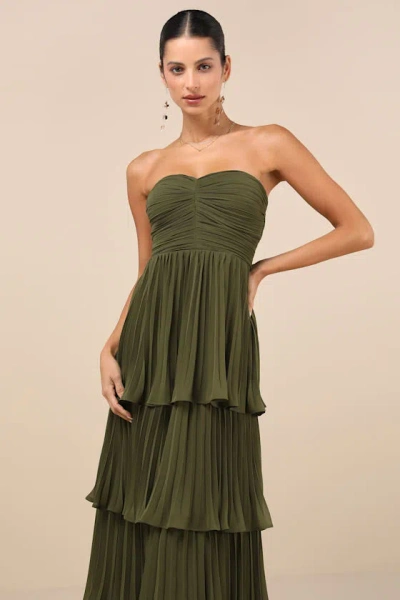 Lulus Seriously Sensational Olive Green Strapless Tiered Maxi Dress