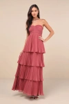 Lulus Seriously Sensational Rusty Rose Strapless Tiered Maxi Dress In Pink