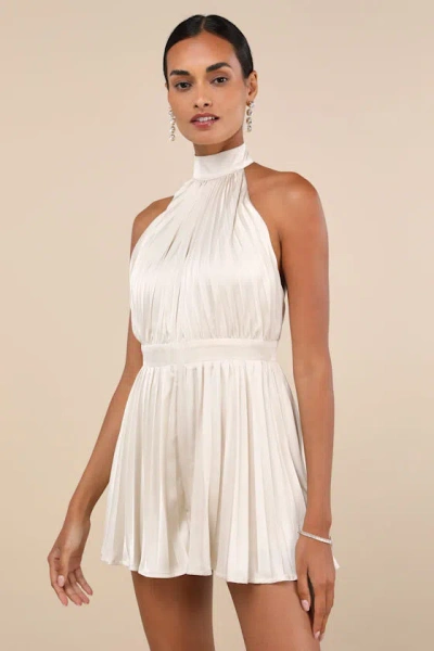 Lulus Seriously Stunning Cream Satin Pleated Backless Romper In White