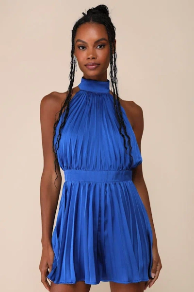 Lulus Seriously Stunning Royal Blue Satin Pleated Backless Romper