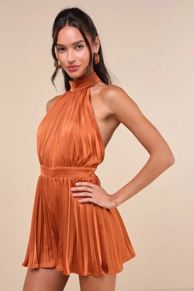 Lulus Seriously Stunning Rust Orange Satin Pleated Backless Romper