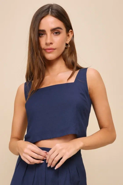 Lulus Set For Compliments Navy Blue Square Neck Cropped Tank Top
