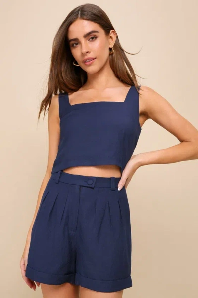Lulus Set For Compliments Navy Blue Tailored High-waisted Shorts