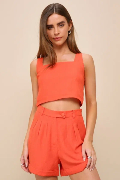 Lulus Set For Compliments Red Orange Tailored High-waisted Shorts