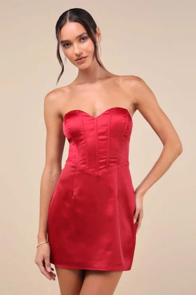 Lulus Sexy Perfection Wine Red Satin Strapless Bustier Mini Dress