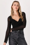 Lulus Sheer Confidence Black Mesh Ruched Long Sleeve Bodysuit In Black