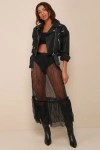 Lulus Sheer I Go Black Mesh Swiss Dot High Rise Tiered Midi Skirt In Black