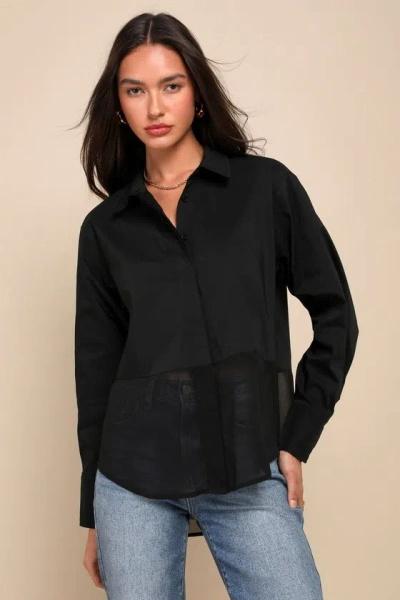 Lulus Sheer-ly Chic Black Semi-sheer Long Sleeve Button-up Top