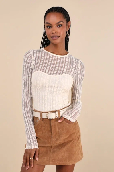 Lulus Sheer Passion Cream Sheer Lace Long Sleeve Top In Beige