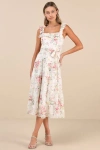 Lulus Shela Ivory Floral Jacquard Tiered Midi Dress In Ivory