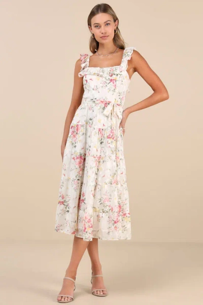 Lulus Shela Ivory Floral Jacquard Tiered Midi Dress