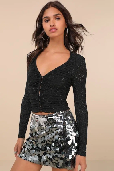 Lulus Shimmering Aesthetic Black Rhinestone Ruched Top