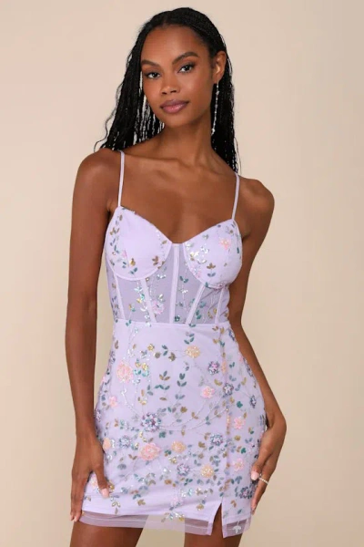 Lulus Shimmering Beauty Lavender Mesh Sequin Bustier Mini Dress In Purple