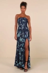 Lulus Shimmering Icon Navy Sequin Lace-up Strapless Maxi Dress In Navy