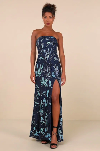 Lulus Shimmering Icon Navy Sequin Lace-up Strapless Maxi Dress