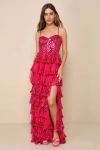 Lulus Shimmering Muse Magenta Sequin Tiered Lace-up Maxi Dress In Magenta