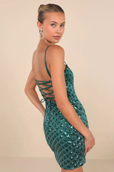 Lulus Shimmering Vibes Emerald Green Lurex Sequin Lace-up Mini Dress