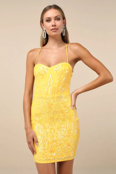 Lulus Shining Goddess Yellow Sequin Lace-up Mini Dress