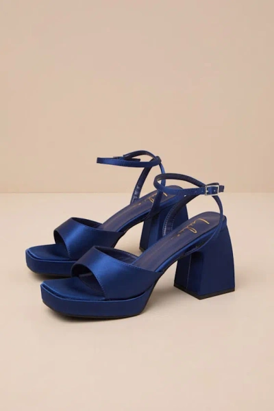 Lulus Shirine Midnight Blue Satin Platform Ankle Strap Heels