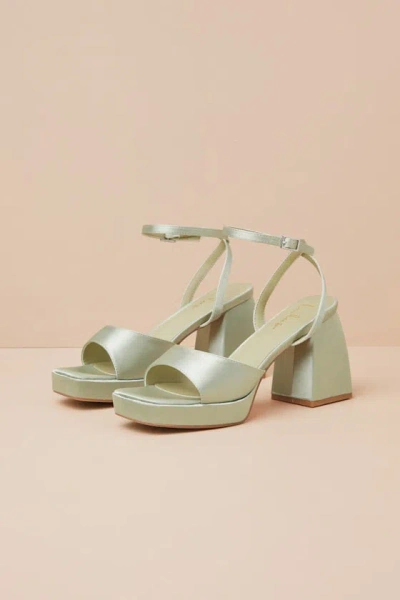 Lulus Shirine Sage Satin Platform Ankle Strap Heels In Green