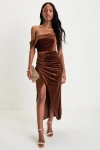 Lulus Showing Off A Little Brown Velvet Asymmetrical Tulip Midi Dress In Brown
