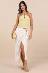 Lulus Sibilla Light Beige Cutout Faux-wrap Midi Skirt In Multi