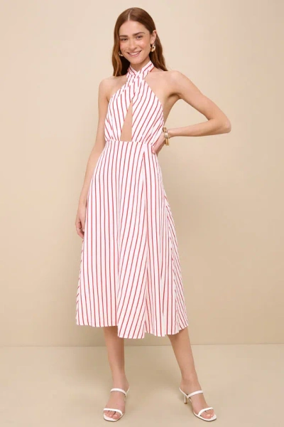 Lulus Sicily Summer White Striped Halter Midi Dress With Pockets