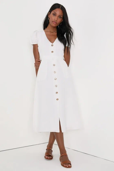 Lulus Sicily Sweetheart White Button-front Puff Sleeve Midi Dress