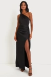 Lulus Signature Elegance Black Satin One-shoulder Maxi Dress In Black