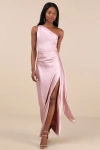 Lulus Signature Elegance Blush Satin One-shoulder Maxi Dress In Pink
