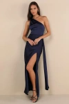 Lulus Signature Elegance Navy Satin One-shoulder Maxi Dress In Navy