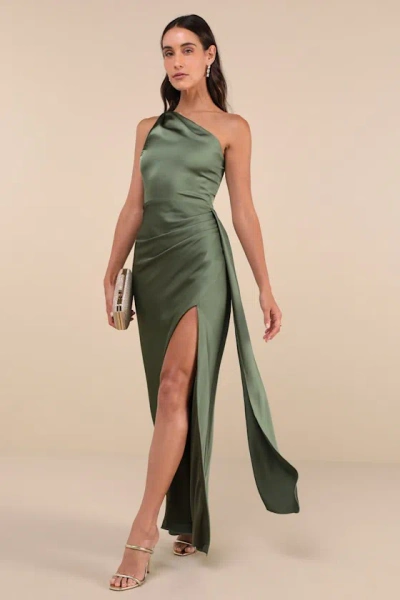 Lulus Signature Elegance Olive Green Satin One-shoulder Maxi Dress