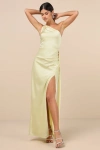 Lulus Signature Elegance Pale Yellow Satin One-shoulder Maxi Dress In Yellow