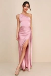 Lulus Signature Elegance Rose Satin One-shoulder Maxi Dress In Pink