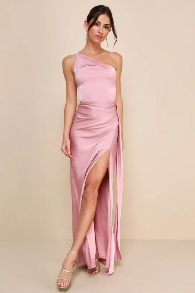 Lulus Signature Elegance Rose Satin One-shoulder Maxi Dress In Pink