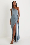 Lulus Signature Elegance Slate Blue Satin One-shoulder Maxi Dress In Slate Blue