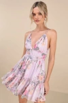 Lulus Signature Sweetie Lilac Floral Smocked Tie-back Mini Dress In Lilac