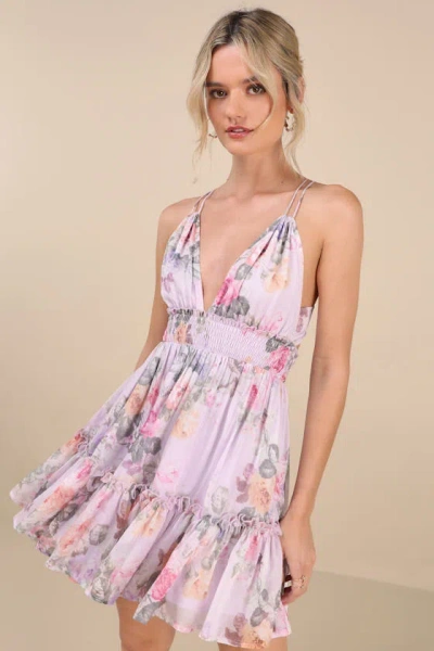 Lulus Signature Sweetie Lilac Floral Smocked Tie-back Mini Dress