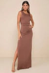 Lulus Significant Allure Brown Slinky Knit Ruched Maxi Dress In Brown