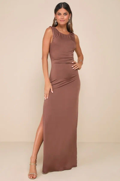 Lulus Significant Allure Brown Slinky Knit Ruched Maxi Dress