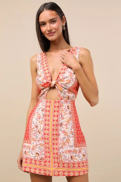 Lulus Silvana Red Multi Floral Knot-front Mini Dress