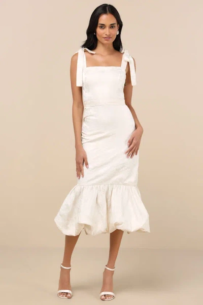 LULUS SILVIA IVORY FLORAL JACQUARD TRUMPET MIDI DRESS