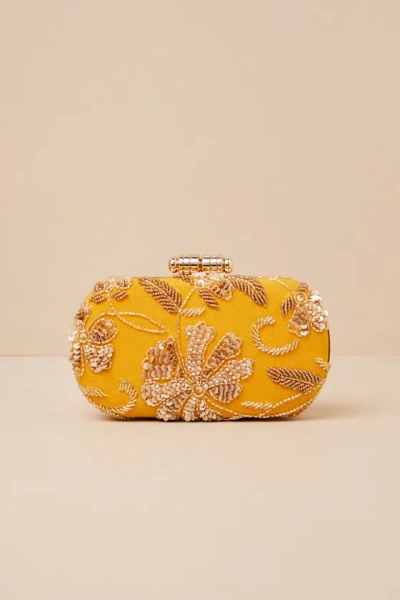 Lulus Silvina Golden Yellow Beaded Sequin Floral Box Clutch