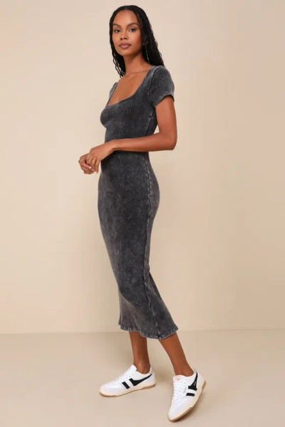 Lulus Simplified Perfection Washed Black Cap Sleeve Bodycon Midi Dress