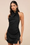 Lulus Simply A Stunner Black Jacquard Cowl Backless Mini Dress In Black