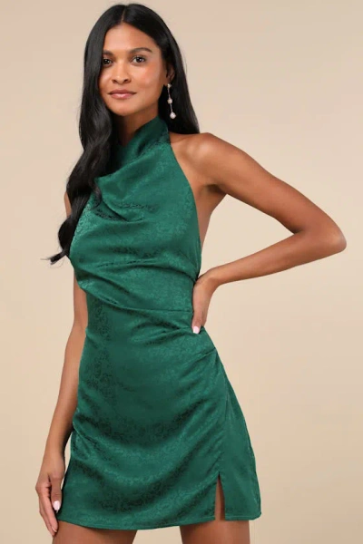 Lulus Simply A Stunner Emerald Jacquard Cowl Backless Mini Dress In Green
