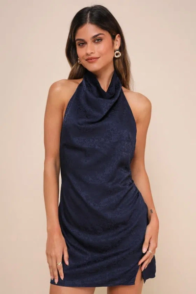 Lulus Simply A Stunner Navy Jacquard Cowl Backless Mini Dress