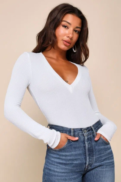 Lulus Simply Attractive Ivory Ribbed Long Sleeve V-neck Bodysuit