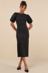 Lulus Simply Beloved Black Puff Sleeve Bodycon Midi Dress In Black